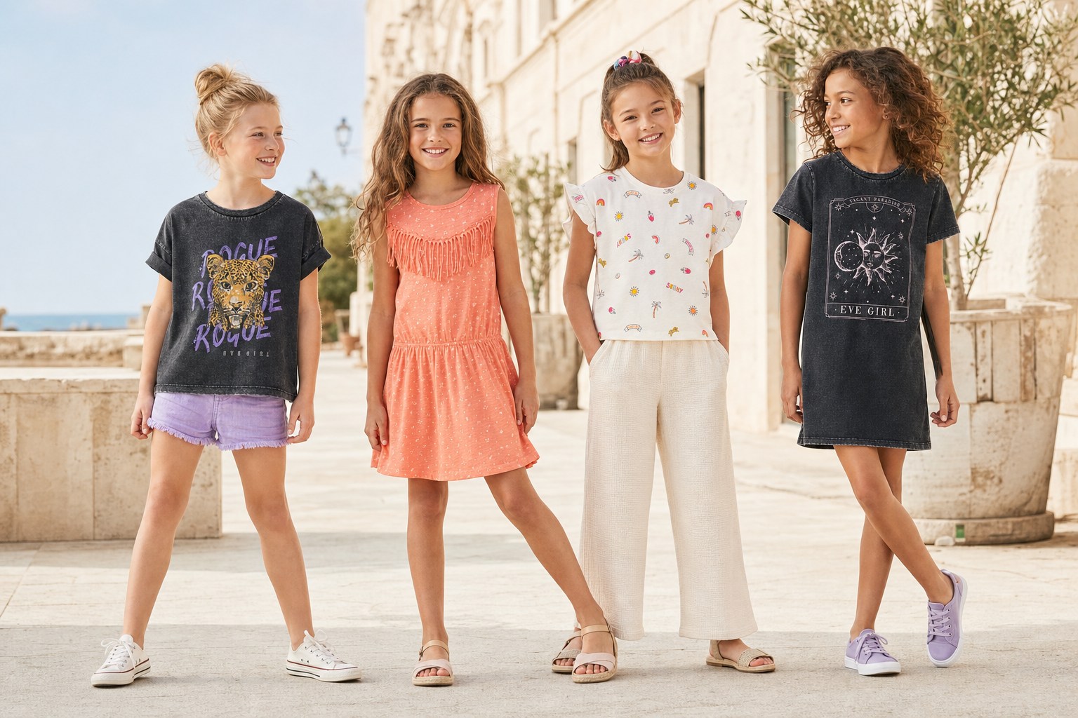 Four children wearing selected Rozen kidswear styles on a European waterfront
