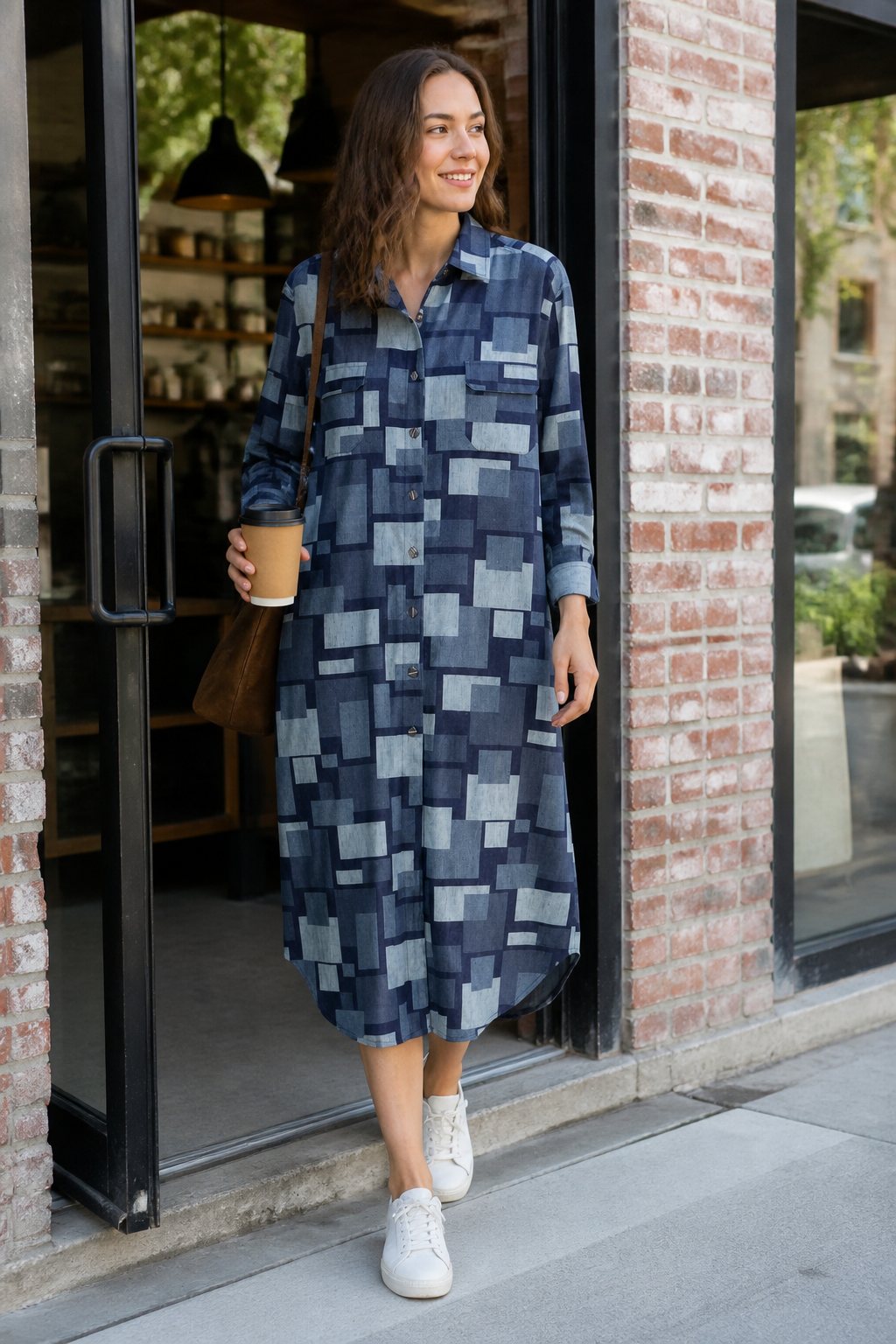 Model wearing Rozen printed shirt dress