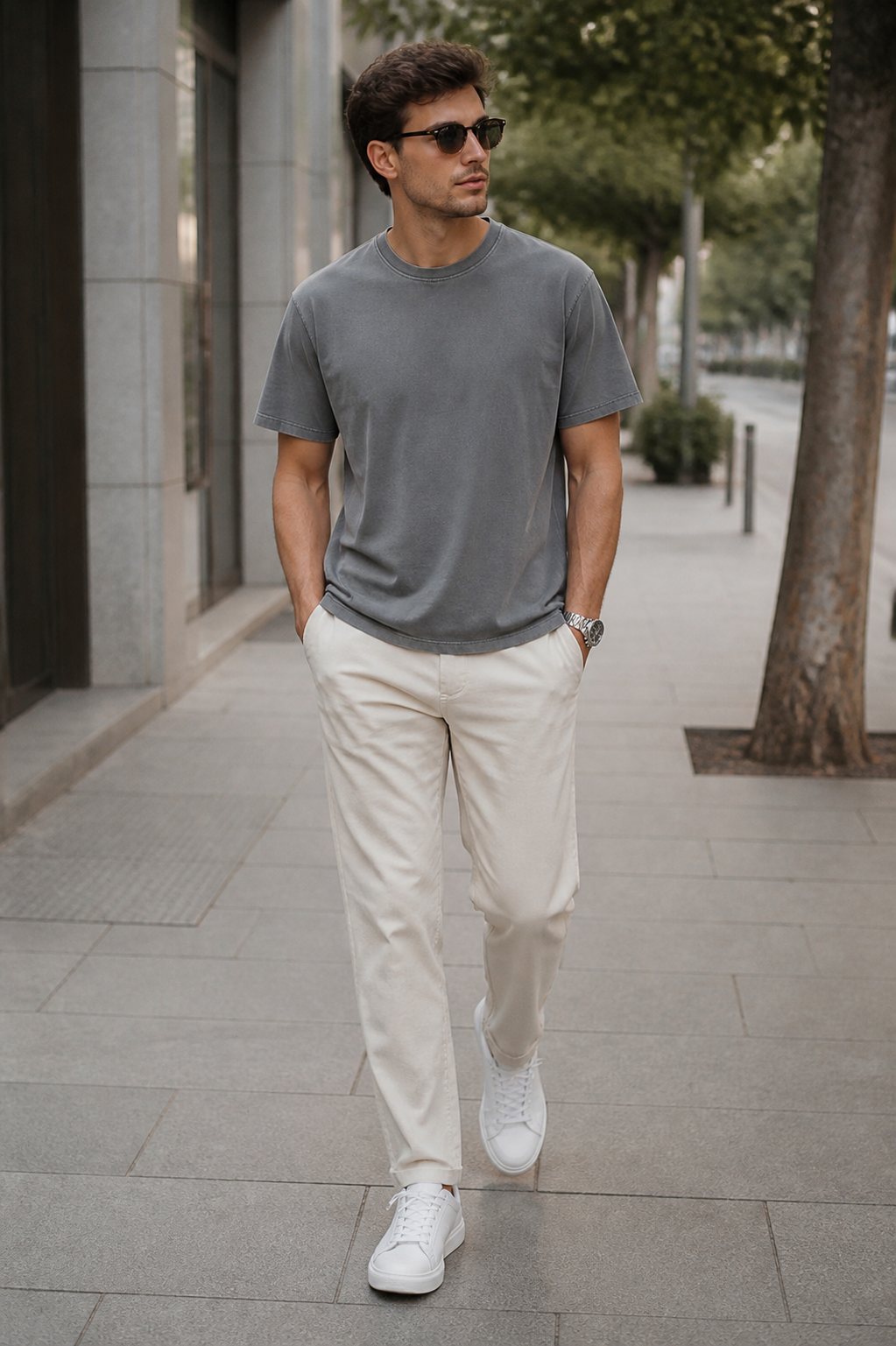 Model wearing Rozen washed grey T-shirt