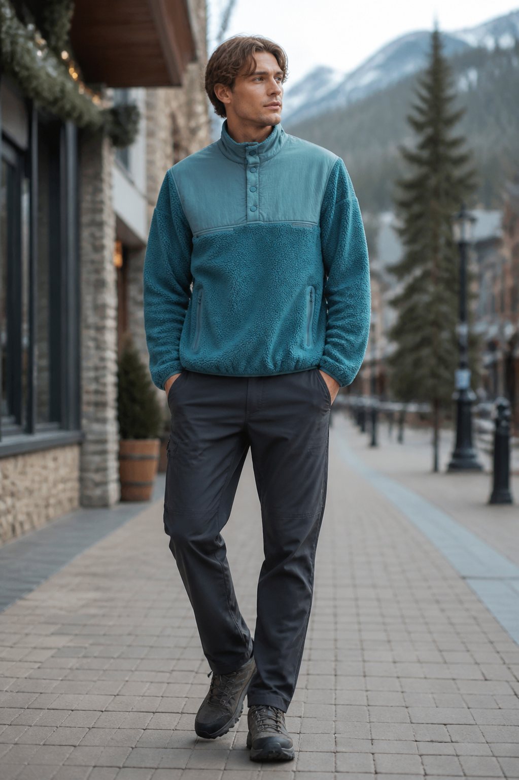 Model wearing Rozen teal fleece