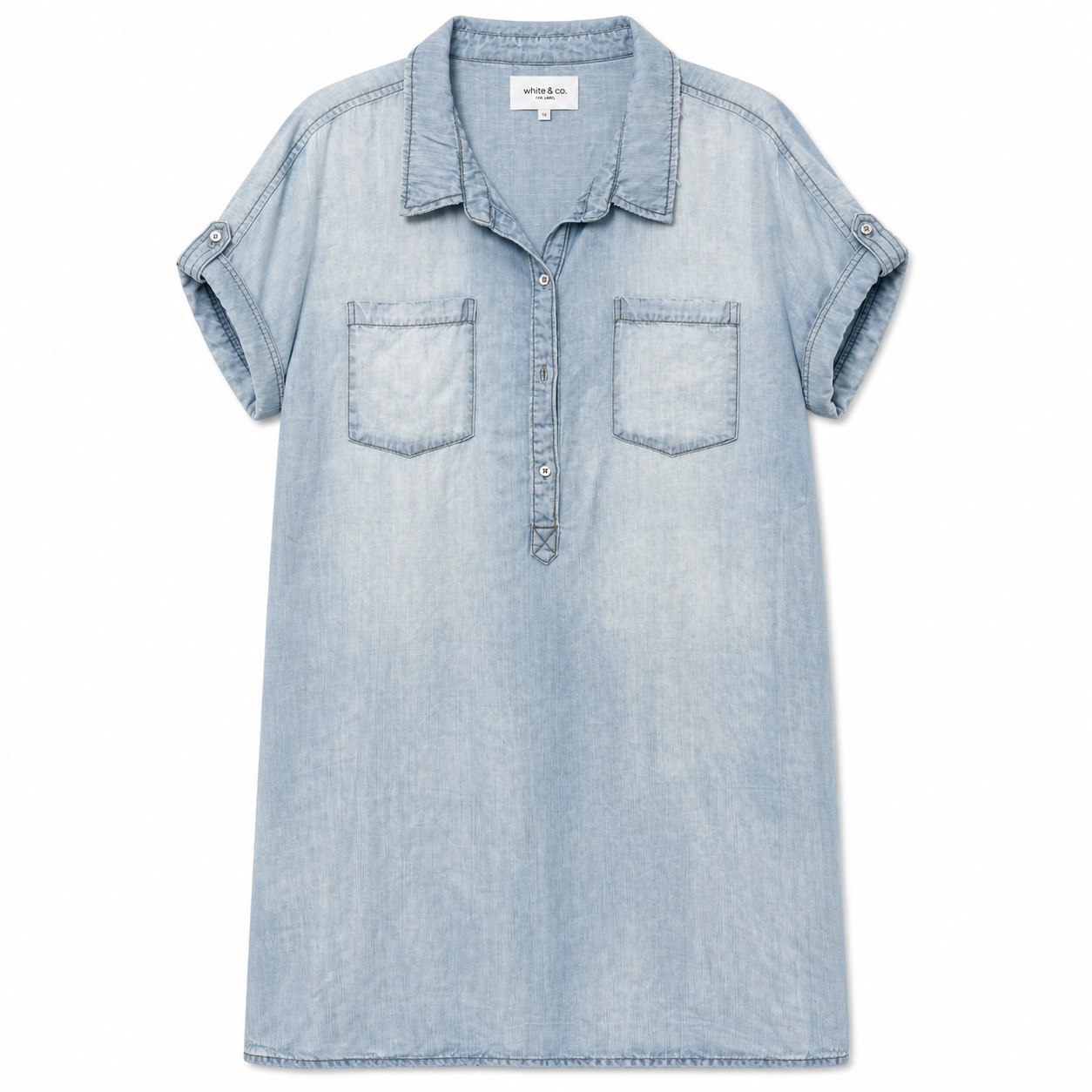 Denim Utility Shirt Dress, style RZN-26-31, front view